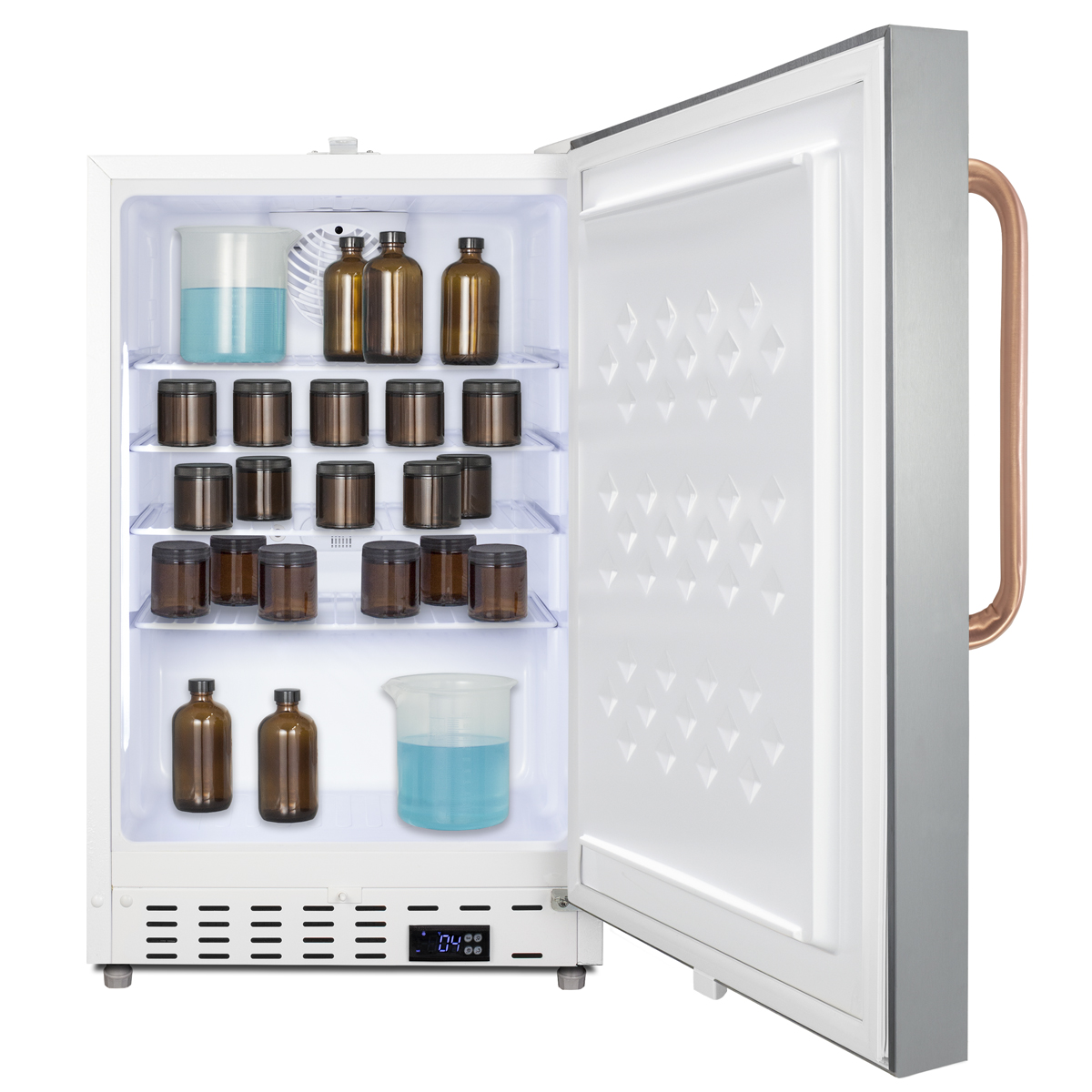 Built-in undercounter ADA compliant +2 C to +8 C all-refrigerator with white cabinet and stainless steel door, pure copper towel bar handle, lock, digital controls, wire shelving, hospital cord with 'green dot' plug, factory installed access port, and automatic defrost operation